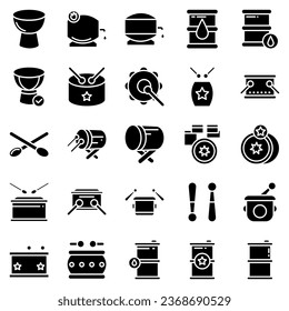 Drums icons set. Elements of drum kit or digital machine samples symbols. Bassdrum, snare, toms, cymbals, hi-hats and other. Editable stroke width.