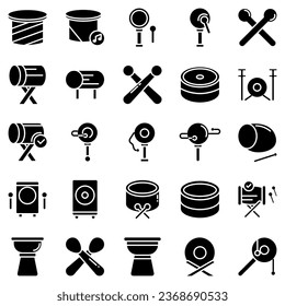 Drums icons set. Elements of drum kit or digital machine samples symbols. Bassdrum, snare, toms, cymbals, hi-hats and other. Editable stroke width.