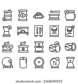 Drums icons set. Elements of drum kit or digital machine samples symbols. Bassdrum, snare, toms, cymbals, hi-hats and other. Editable stroke width.