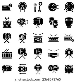 Drums icons set. Elements of drum kit or digital machine samples symbols. Bassdrum, snare, toms, cymbals, hi-hats and other. Editable stroke width.