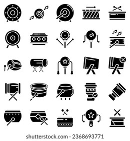 Drums icons set. Elements of drum kit or digital machine samples symbols. Bassdrum, snare, toms, cymbals, hi-hats and other. Editable stroke width.