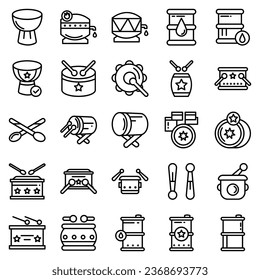 Drums icons set. Elements of drum kit or digital machine samples symbols. Bassdrum, snare, toms, cymbals, hi-hats and other. Editable stroke width.