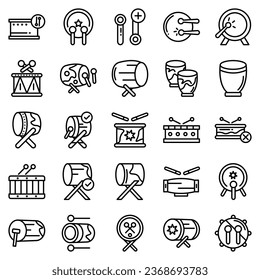 Drums icons set. Elements of drum kit or digital machine samples symbols. Bassdrum, snare, toms, cymbals, hi-hats and other. Editable stroke width.