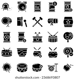 Drums icons set. Elements of drum kit or digital machine samples symbols. Bassdrum, snare, toms, cymbals, hi-hats and other. Editable stroke width.