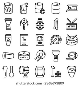 Drums icons set. Elements of drum kit or digital machine samples symbols. Bassdrum, snare, toms, cymbals, hi-hats and other. Editable stroke width.