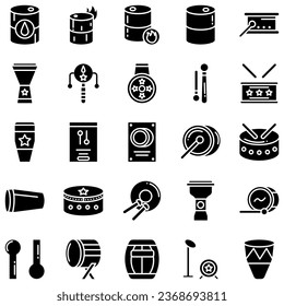 Drums icons set. Elements of drum kit or digital machine samples symbols. Bassdrum, snare, toms, cymbals, hi-hats and other. Editable stroke width.