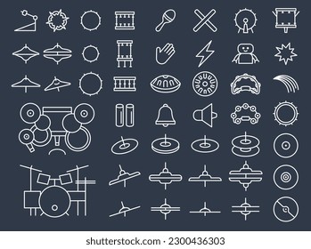 Drums icons set. Musical instrumnet and creative hobby pictogram. Simple linear elements of jazz or rock instrument. Flat vector illustration