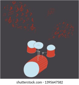 Drums illustration with musical notes. Isolated on black background. Greeting card, poster design element. Vector