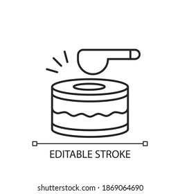 Drums linear icon. Ramadan music instrument. Waking up all people before dusk to eat food. Thin line customizable illustration. Contour symbol. Vector isolated outline drawing. Editable stroke