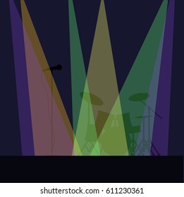 Drums and  microphone on stage. Vector illustration. 