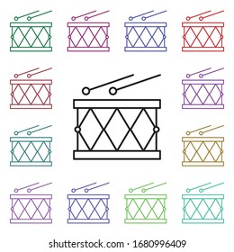 Icono de estilo multicolor de tambores. Línea delgada simple, contorno vector de carnaval e iconos de diversión para ui y ux, sitio web o aplicación móvil