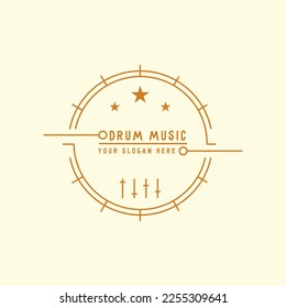 Drums music logo. Line art of drums and drumsticks, musical instruments, stars, in a circle. Minimalist linea art musical dream design style, suitable for music band icon.