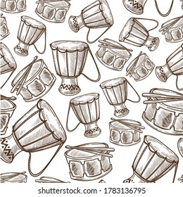 Drums national or ethnic music instrument, djembe or jembe seamless pattern. Wooden base with leather skin for percussion and acoustic. Culture, monochrome sketch outline, vector in flat style