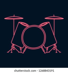 Drums neon sign. Rock concert emblem. Music shop luminous bright concept. Vector isolated illustration.
