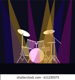 Drums on stage in the spotlight. Vector illustration.