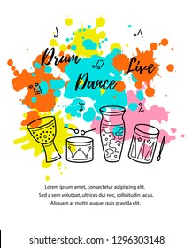 Drums and paint splashes. Template for party, drum school, invitation, poster, card, flyer, banner. Place for your text. Line style vector illustration.