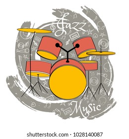 Drums. Percussion musical instrument Jazz instruments, on an abstract blue-gray background. With additional particles, musical attributes. Vector illustration