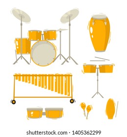 Drums and percussions musical instruments vector set in cartoon style. Music tools for jazz, soul - vibraphone, bongo, congas and timbales isolated on white used for music poster, magazine, tickets.