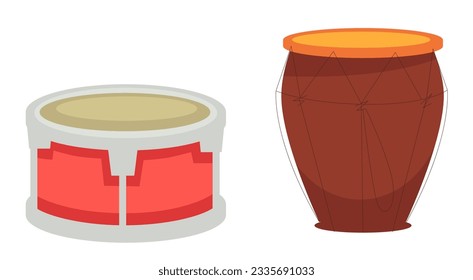 Drums portable small musical percussion instrument for playing songs and composition. Isolated cylindrical shape of object with taut membrane over it. Hobbies and skills. Vector in flat style