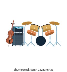 drums set and cello over white background, colorful design. vector illustration