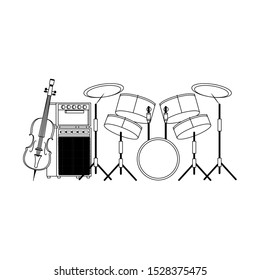 drums set and cello over white background, flat design. vector illustration