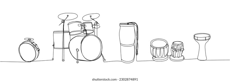 Drums set one line art. Continuous line drawing of play, drum, kit, buhai, darbuka, bongos, big drum, buhalo and cymbal, music, song, vintage, rock, instrument, band, percussion bass musician