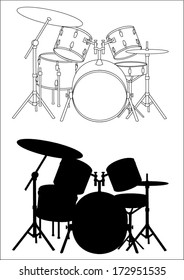 Drums - silhouette and outline, vector art image illustration, isolated on white background eps10