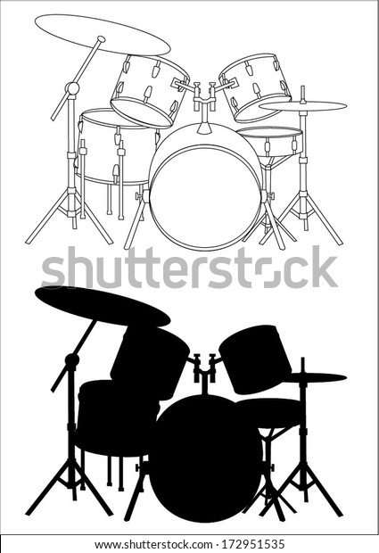 Drums - silhouette and outline,\
vector art image illustration, isolated on white background\
eps10