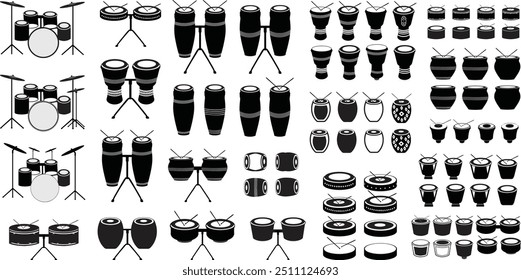 Drums silhouette vector arts illustration. Black electric and acoustic, bass, Cartoon music instrument, rock, jazz drums, Tambourine silhouette, music band drums set of Black colors vector icons.