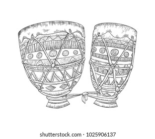 Drums tam tam on white background. Isolated element. Vintage engraved vector illustration