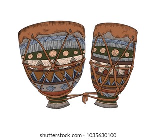 Drums tam tam on white background. Isolated element. Vintage engraved vector illustration