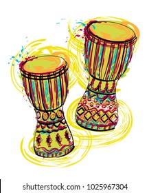 Drums tam tam with splashes in watercolor style. Colorful hand drawn vector illustration