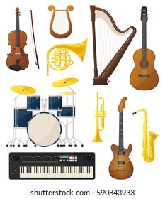 Drums or trap kit, violin with fiddlestick or bow, lyre and synthesizer or keyboard, string acoustic and electro guitar, sax or saxophone and trumpet. Concert and entertainment, ensemble record theme