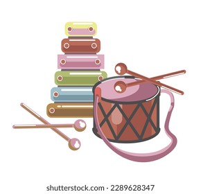 Drums and xylophone for children, isolated modern interactive games for kids. Shop or store assortment with playthings for infants and toddlers, boys and girls. Vector in flat style illustration