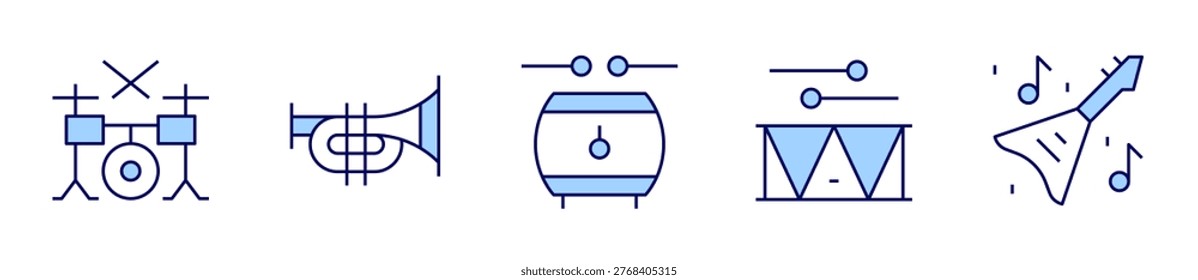 drumset, drum, trumpet, electricguitar. Instruments Icon vector illustration. Line Duotone style. Editable stroke.