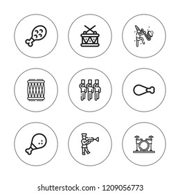 Drumstick Icon Set. Collection Of 9 Outline Drumstick Icons With Chicken Leg, Drum, Drums Icons. Editable Icons.