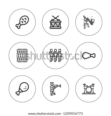 Drumstick icon set. collection of 9 outline drumstick icons with chicken leg, drum, drums icons. editable icons.