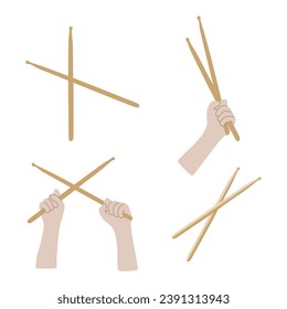 Drumsticks and hands Flat set. Vector Collection of Music equipment isolated on white. Musical and percussion concept, Crossed Sticks for Drums. Design element for Sticker pack, Card, Poster, Banner.