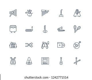 Drumsticks, Ukelele, Sound bars, music Spotlight, Heavy metal, Metronome, Trombone, Music note, Radio cassette, Acoustic, Chimes outline vector icons from 20 set