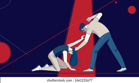 Drunk abusive husband punching and hitting frightened wife. Vector cartoon illustration on drinking problem and domestic violence concept. Graphics poster, Flat, cartoon style illustrations