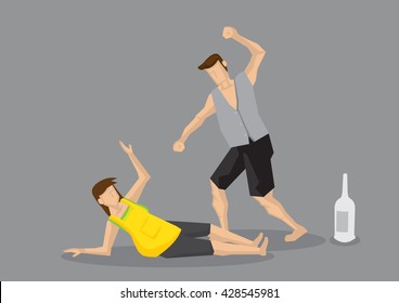 Drunk abusive husband punching and hitting frightened wife. Vector cartoon illustration on drinking problem and domestic violence concept isolated on grey background.