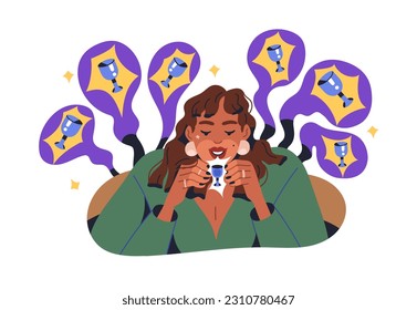 Drunk addicted woman drinking alcohol, boozy shots. Addiction, abuse, booze concept. Female drinker, drunkard getting buzzed with spirits. Flat vector illustration isolated on white background