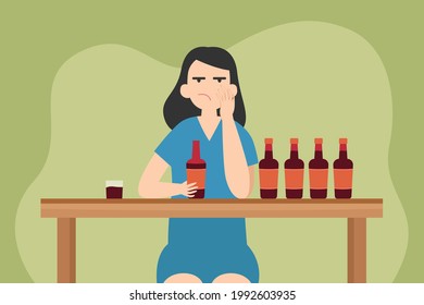 Concepto vectorial de adicción a la embriaguez: Mujer joven bebiendo alcohol mientras está sentada con muchas botellas de alcohol