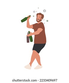 Drunk adult Man with bottles of wine in his Hands. Cartoon flat vector illustration isolated on white background. Alcoholism, alcoholic concept. 
Boozy Drunk Man Walking Tipsy Screwed, Drunkenness. 