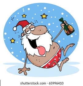 Drunk African American Santa Clause In The Snow