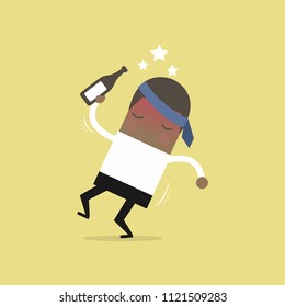Drunk African businessman with alcohol bottle.
