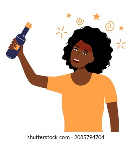 Drunk African Woman With Alcohol Bottle In Her Hand Flat Design. Drinking Beer After Work. Alcohol Addiction.