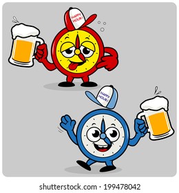 Drunk alarm clocks serving beer during happy hour. Vector illustration