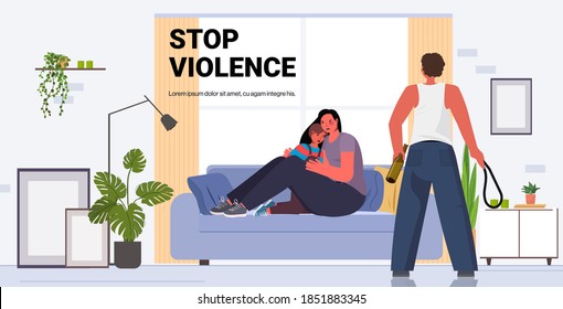 drunk angry husband punching and hitting wife with child stop domestic violence aggression concept living room interior horizontal copy space full length vector illustration