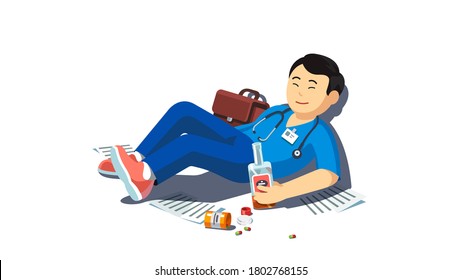 Trabajador médico asiático ebrio tendido en el suelo con una botella de alcohol de whisky sonriendo luego de la celebración de la fiesta. Trabajador médico exhausto bebiendo. Alcohólico adicto. Ilustración de carácter de adicción a los vectores planos